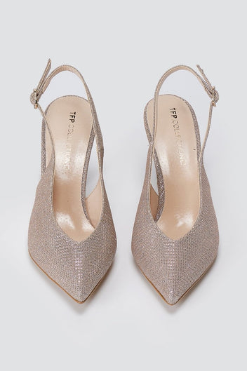 TFP - V Cut Slingback Kitten Heel Pumps - Nude Lurex