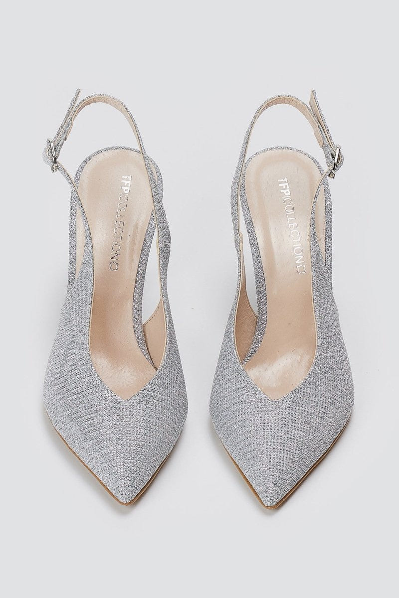 TFP - V Cut Slingback Kitten Heel Pumps - Silver Lurex