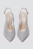 TFP - V Cut Slingback Kitten Heel Pumps - Silver Lurex