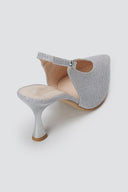 TFP - V Cut Slingback Kitten Heel Pumps - Silver Lurex