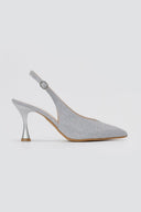 TFP - V Cut Slingback Kitten Heel Pumps - Silver Lurex
