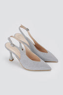 TFP - V Cut Slingback Kitten Heel Pumps - Silver Lurex