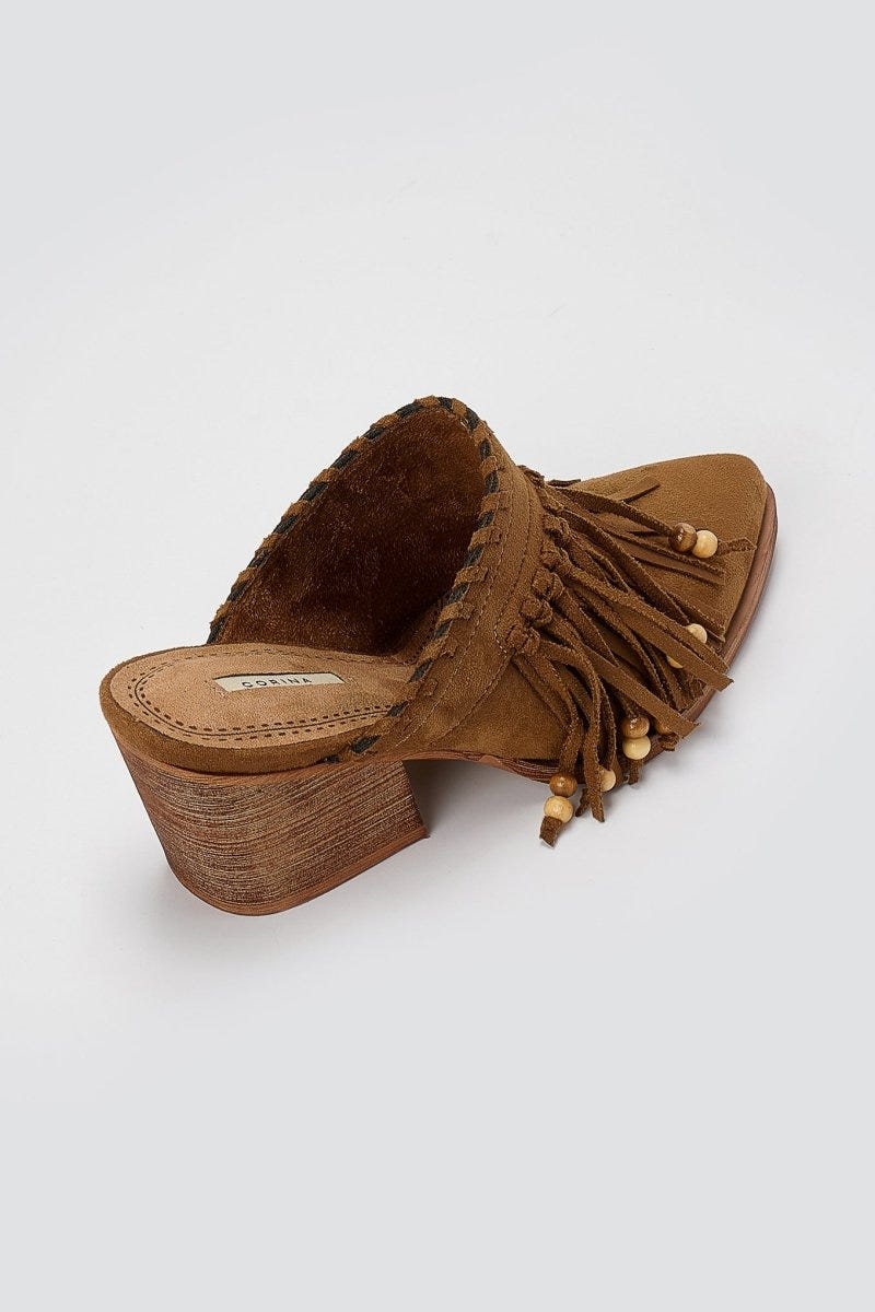 CORINA - Western Clogs with Fringes - Camel Suede