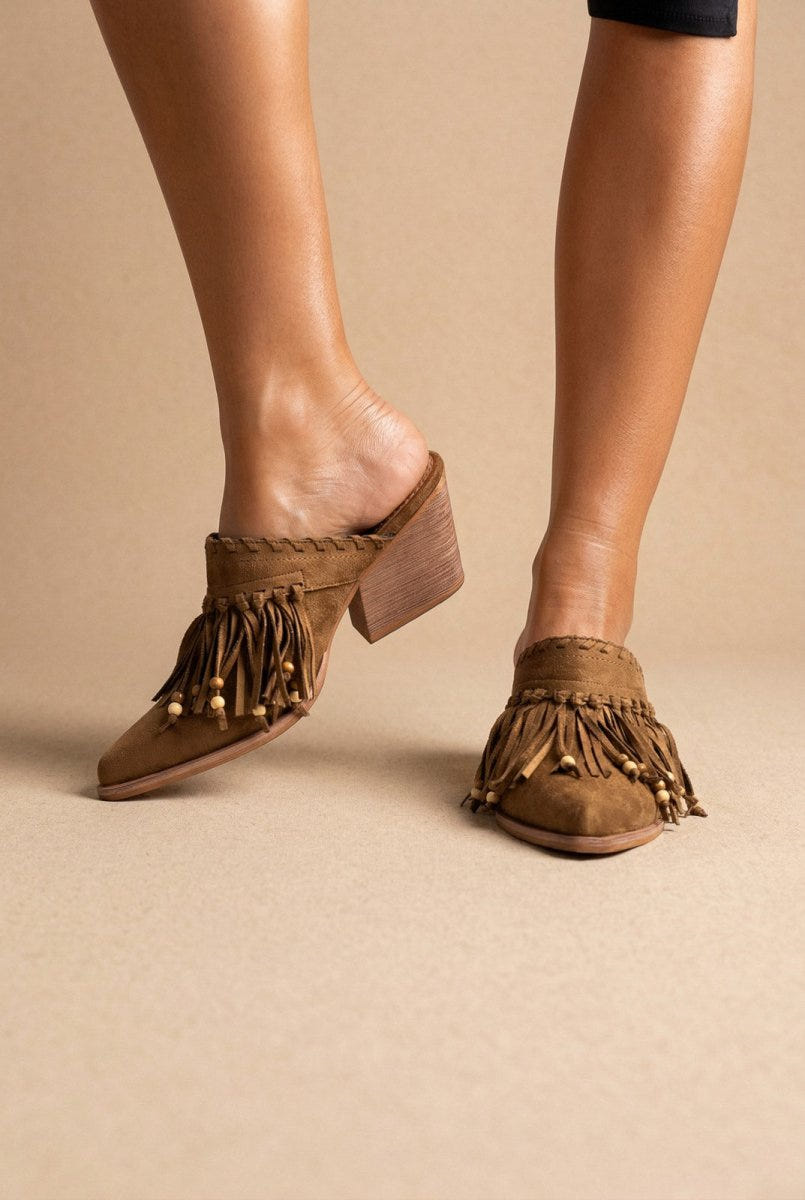 CORINA - Western Clogs with Fringes - Camel Suede