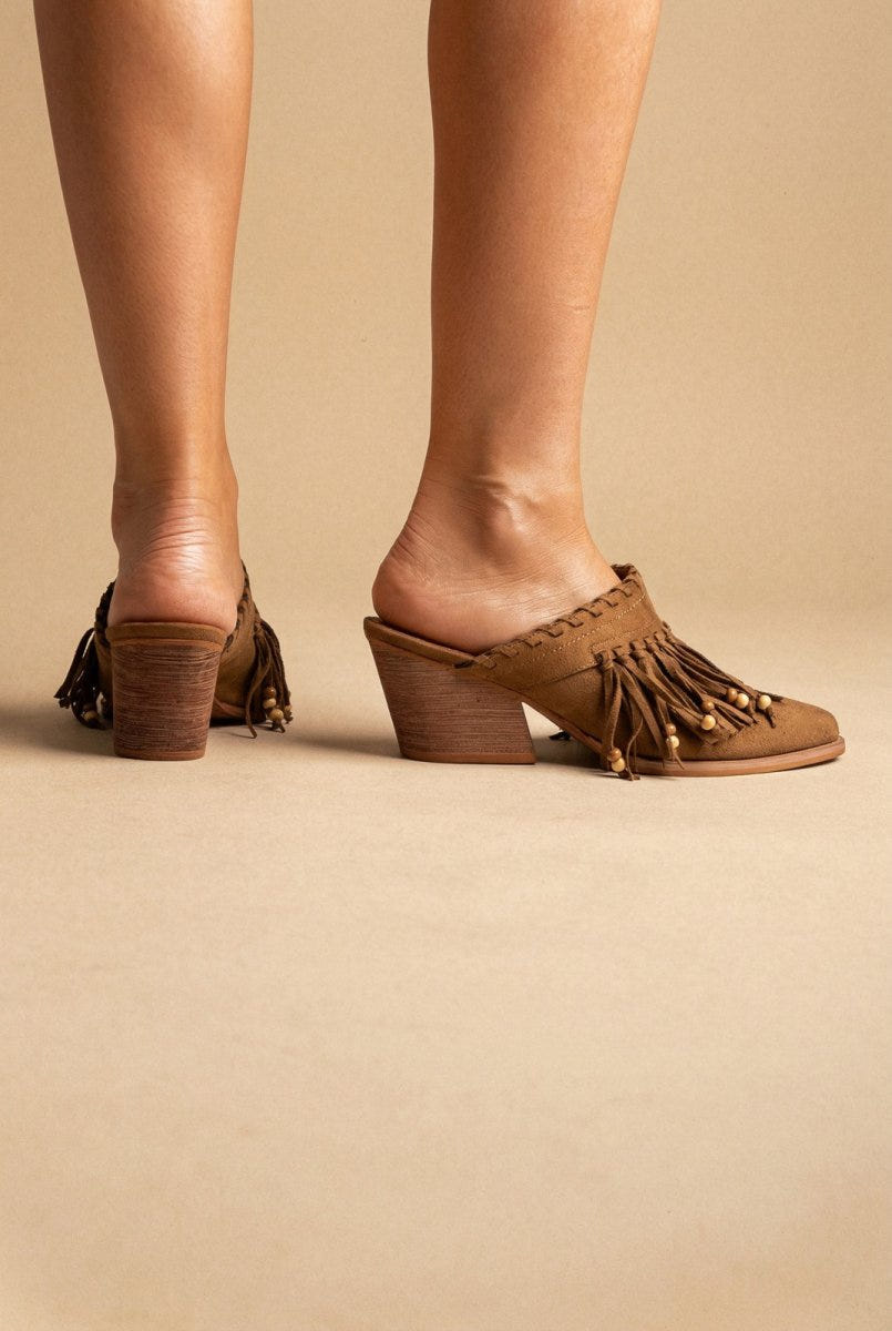 CORINA - Western Clogs with Fringes - Camel Suede