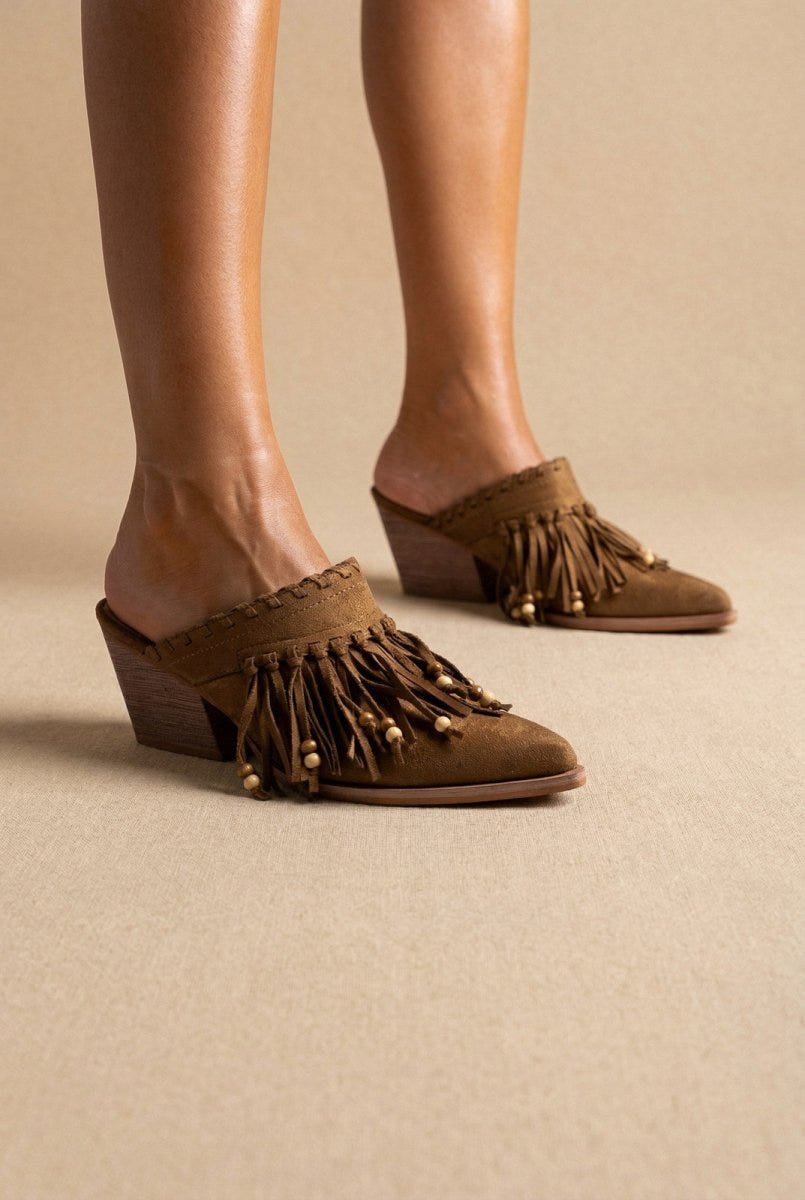CORINA - Western Clogs with Fringes - Camel Suede