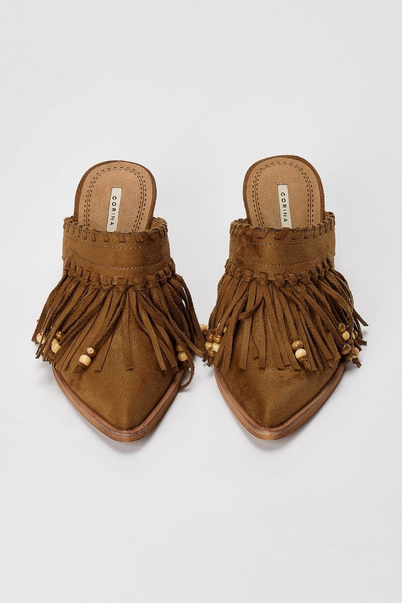 CORINA - Western Clogs with Fringes - Camel Suede