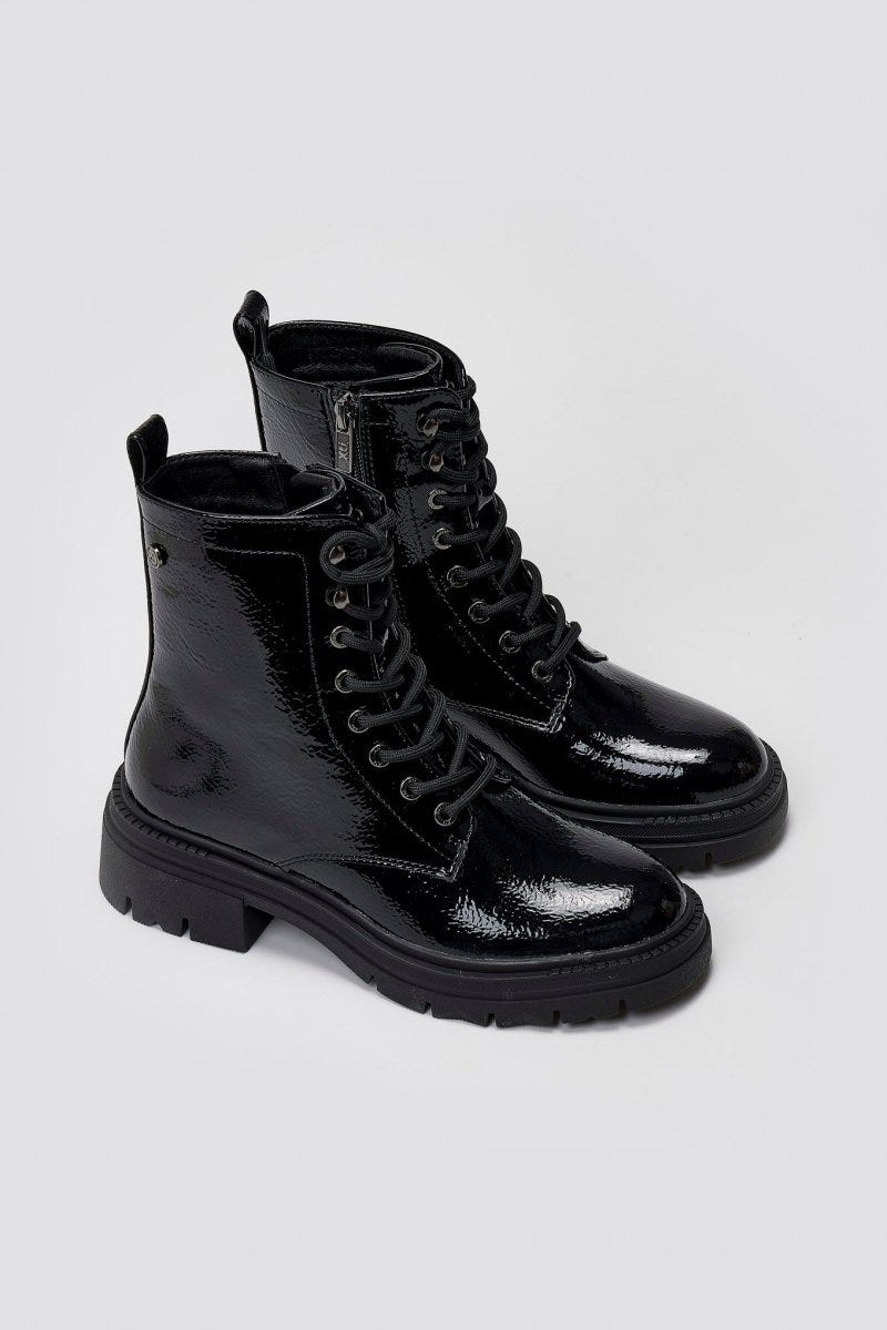 Xti 144296 Patent Lace - Up Combat Boots - Black Patent - thefashionproject.gr - Xti Footwear