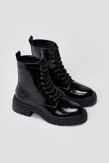 Xti 144296 Patent Lace - Up Combat Boots - Black Patent - thefashionproject.gr - Xti Footwear