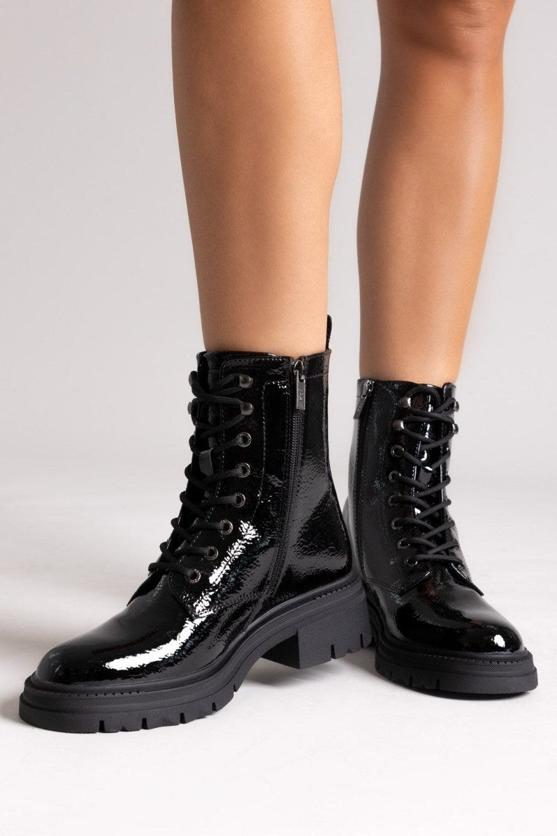 Xti 144296 Patent Lace - Up Combat Boots - Black Patent - thefashionproject.gr - Xti Footwear