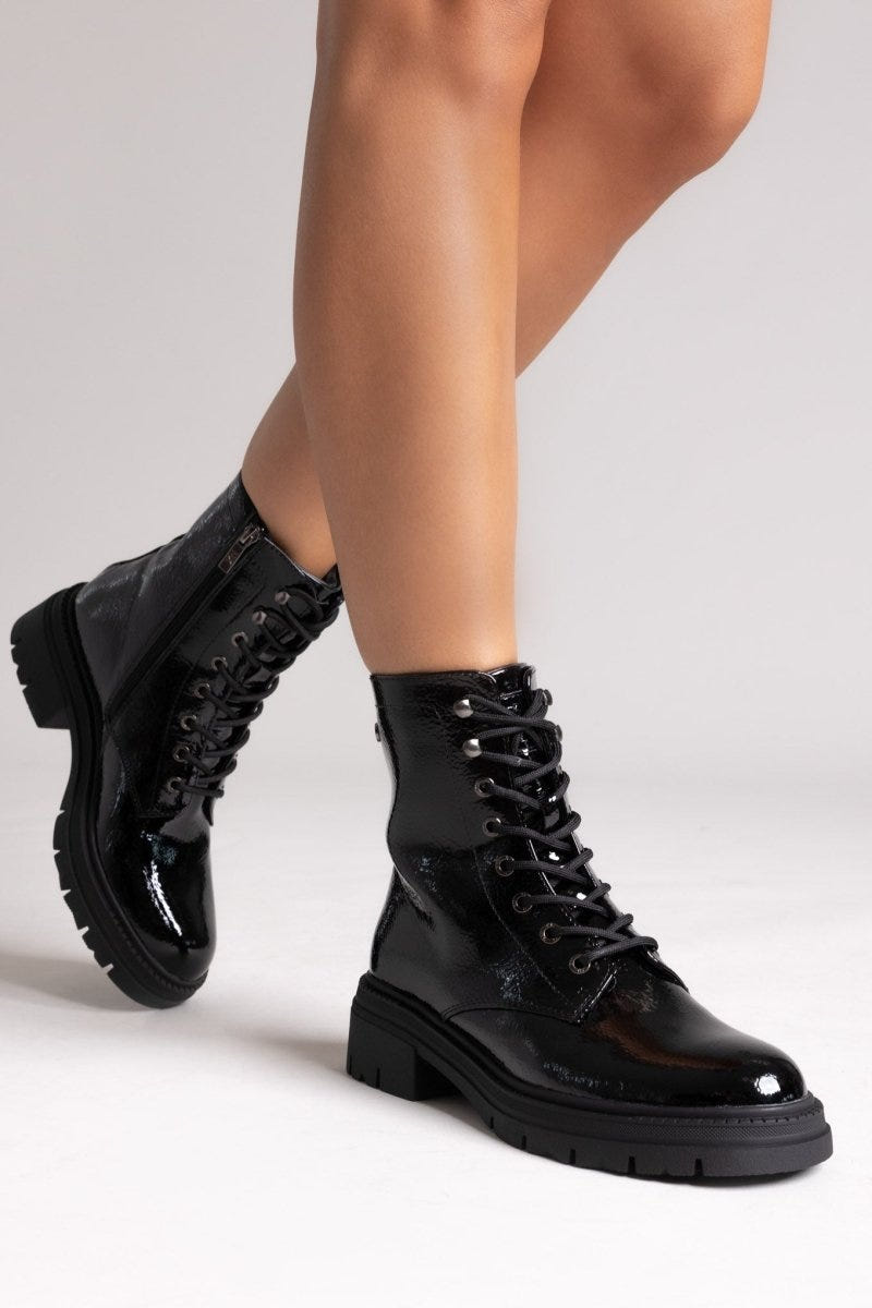Xti 144296 Patent Lace - Up Combat Boots - Black Patent - thefashionproject.gr - Xti Footwear