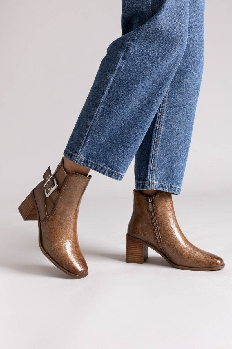 Xti 144315 Patent Ankle Boots with Buckle - Light Brown Patent - thefashionproject.gr - Xti Footwear