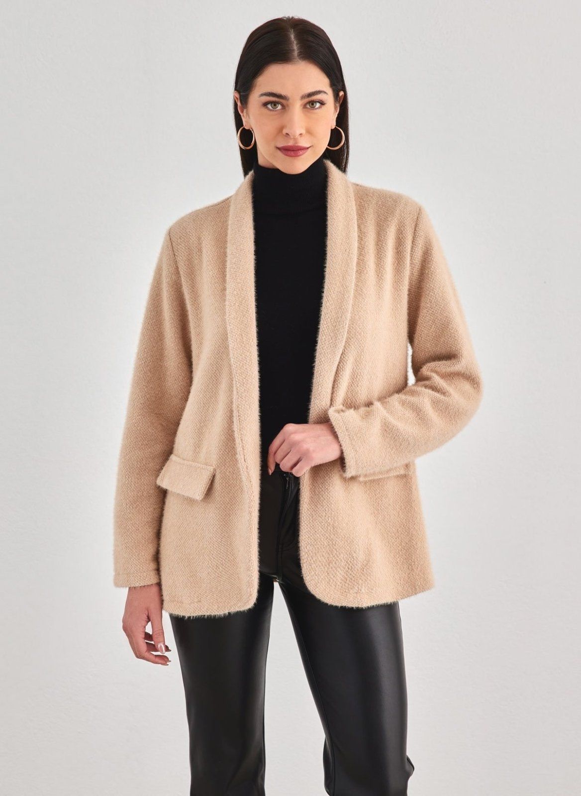 Ζακέτα σενίλ με εφέ τσέπες - Μπεζ - thefashionproject.gr - FN - FASHION