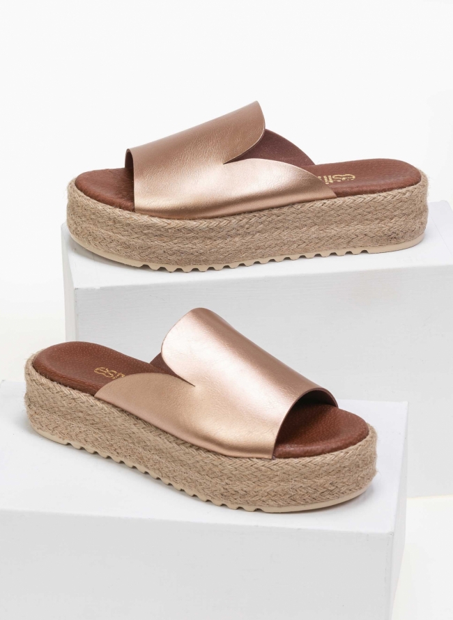 Estil δερμάτινα flatforms με σχοίνινη σόλα – Χαλκός