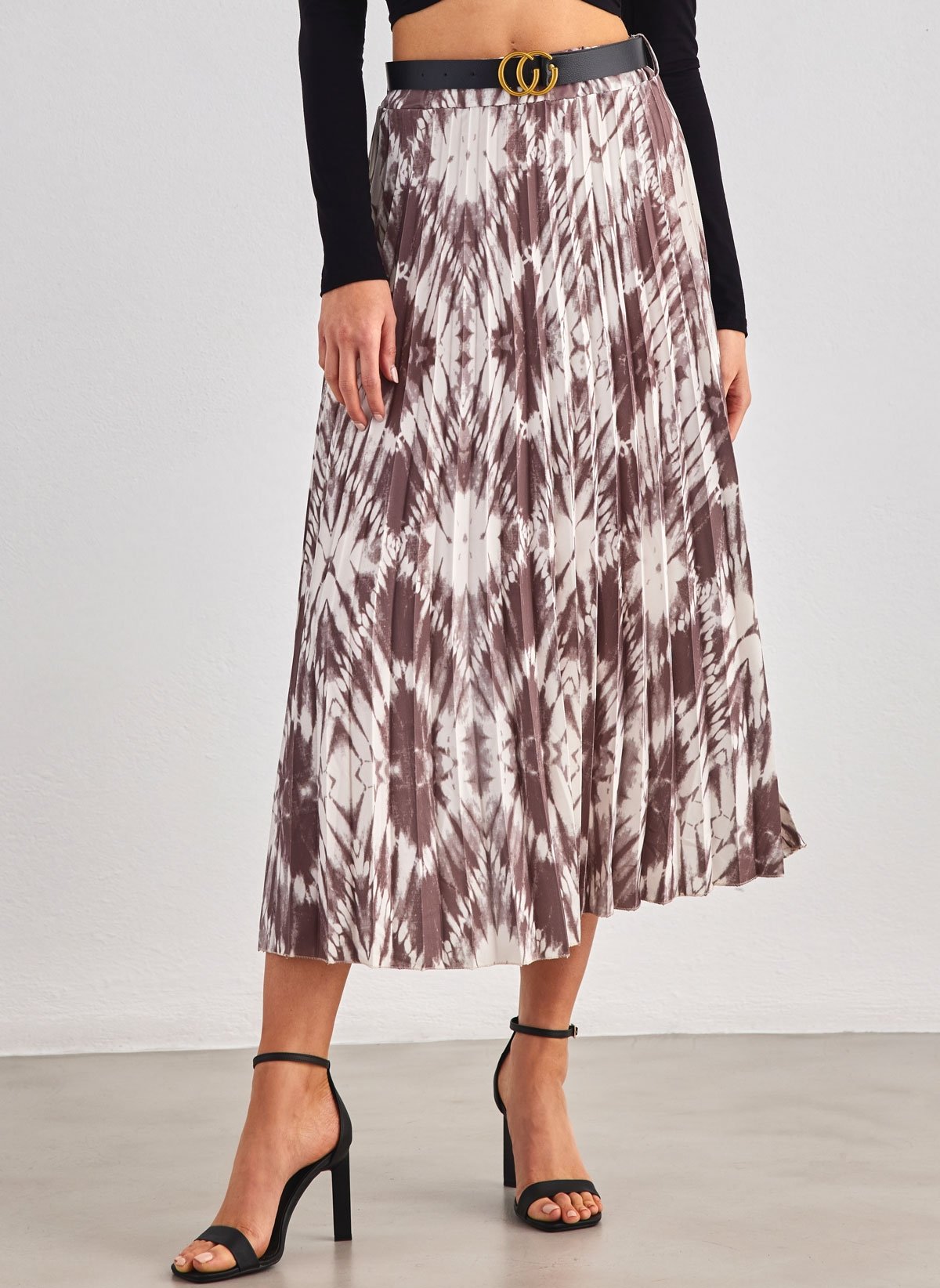FN-FASHION Φούστα πλισέ με pattern και ζώνη - Καφέ