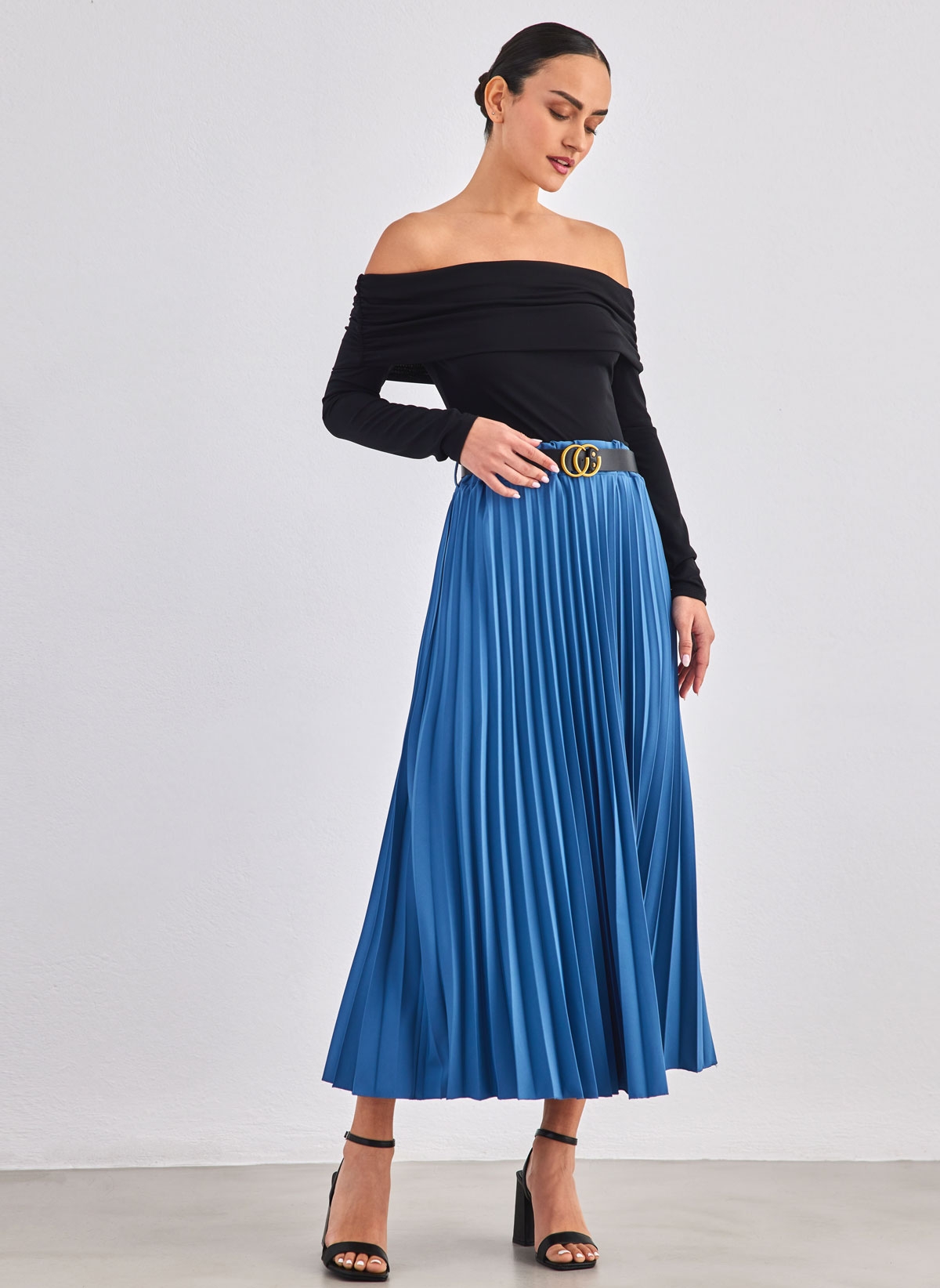 FN-FASHION Φούστα πλισέ με ζώνη - Μπλε