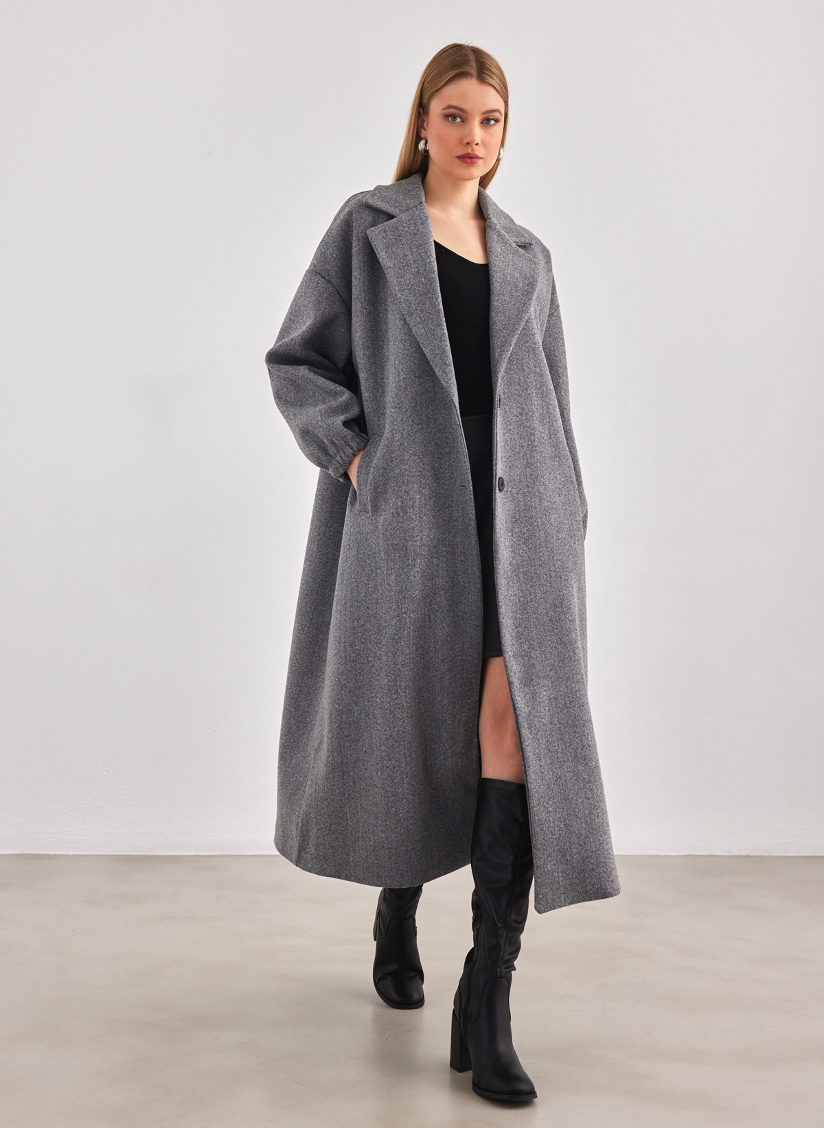 FN-FASHION Παλτό μακρύ με γιακά - Γκρι