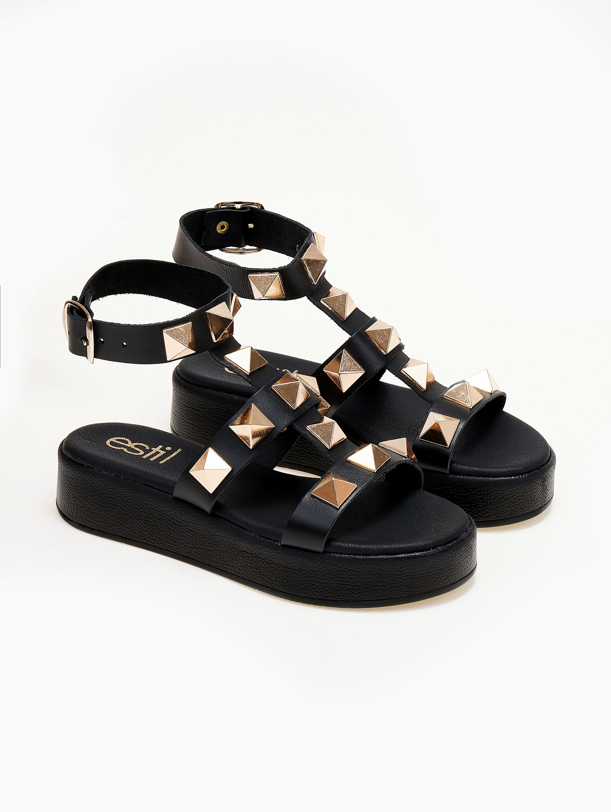 Σανδάλια flatforms δερμάτινα με τρουκς estil - Μαύρο φωτογραφία