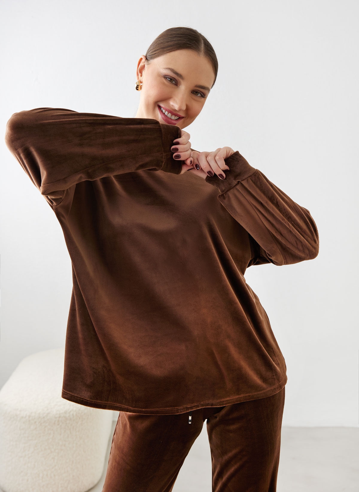 New Collection Σετ φόρμες βελουτέ - Καφέ