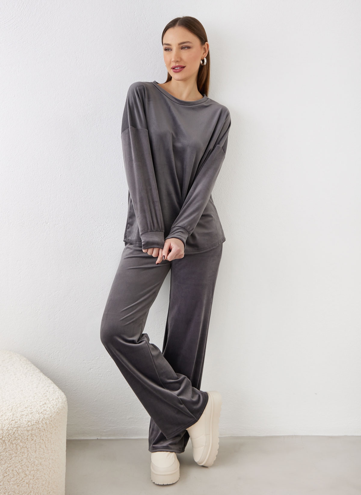 New Collection Σετ φόρμες βελουτέ - Ανθρακί