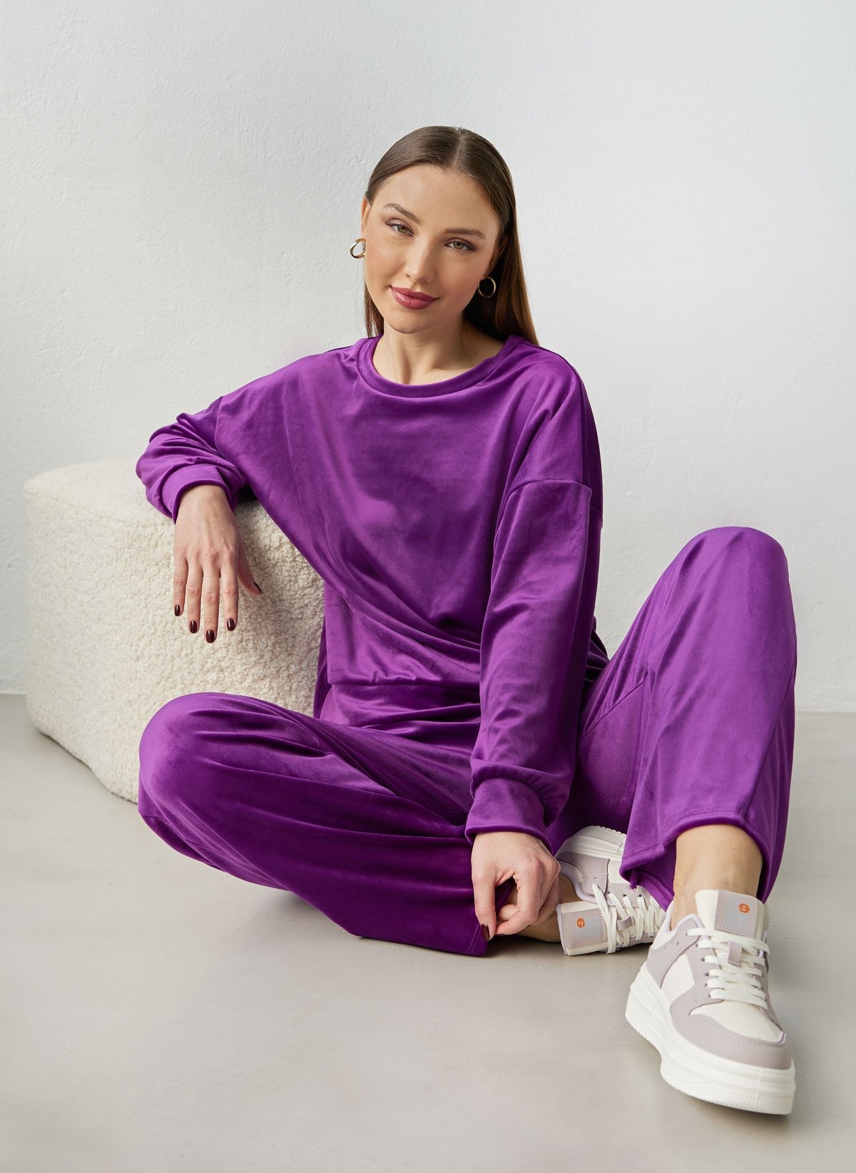 New Collection Σετ φόρμες βελουτέ με ανοίγματα στη μπλούζα - Μωβ