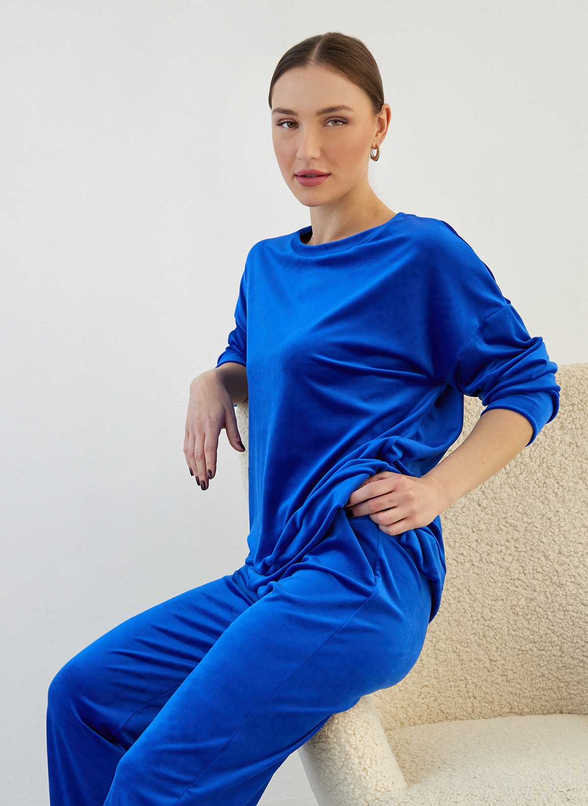 New Collection Σετ φόρμες βελουτέ με ανοίγματα στη μπλούζα - Μπλε