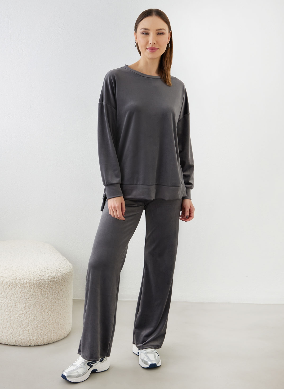 New Collection Σετ φόρμες βελουτέ με ανοίγματα στη μπλούζα - Ανθρακί