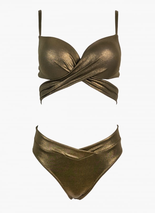 Bikini Set lurex με ψηλόμεσο slip  - Χακί