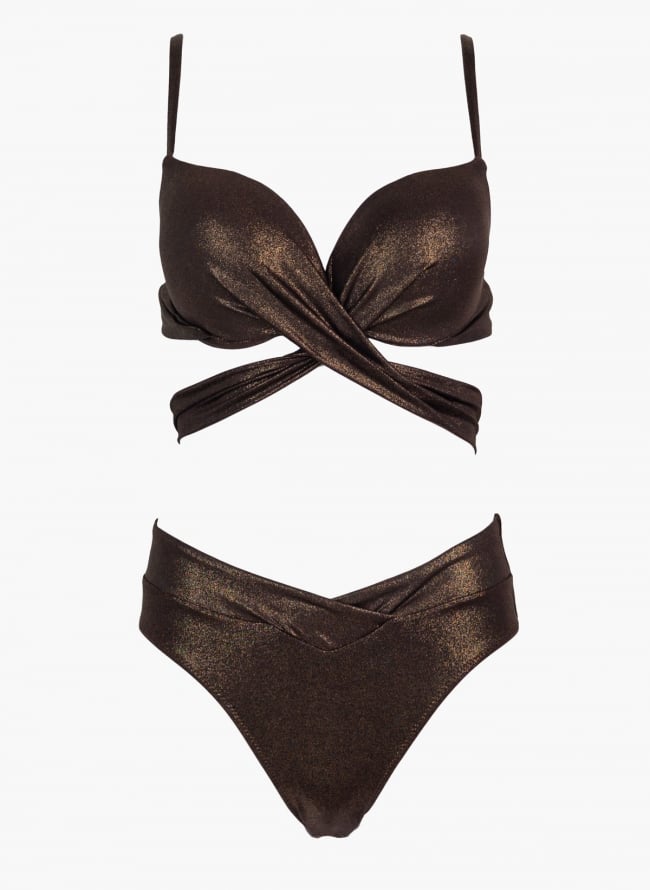 Bikini Set lurex με ψηλόμεσο slip  - Καφέ