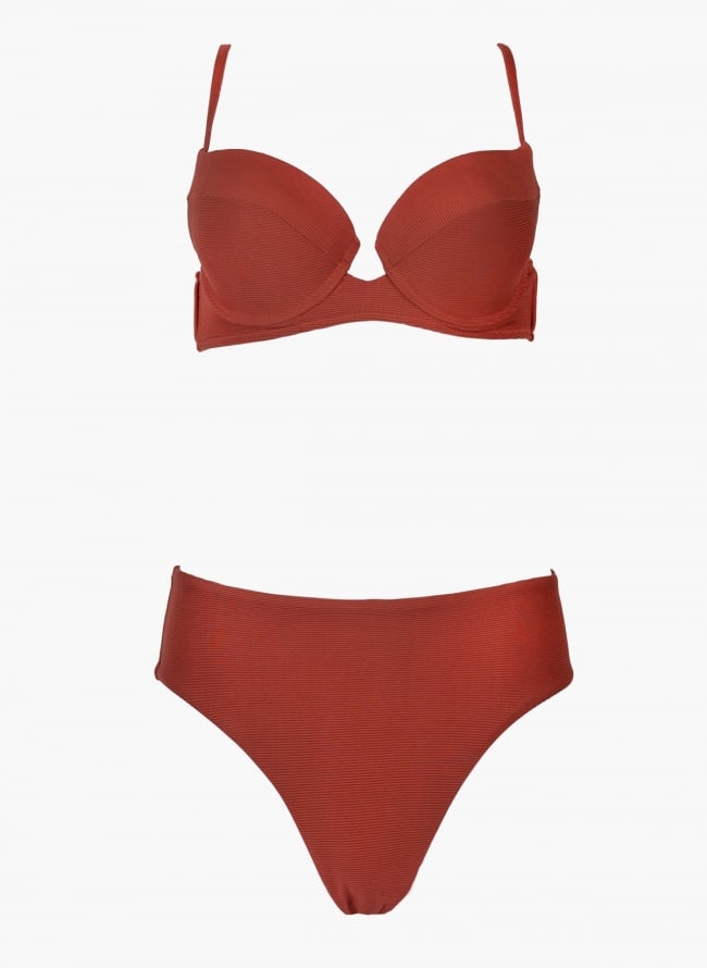 Bikini Set ribbed με ψηλόμεσο σλιπ - Κεραμιδί
