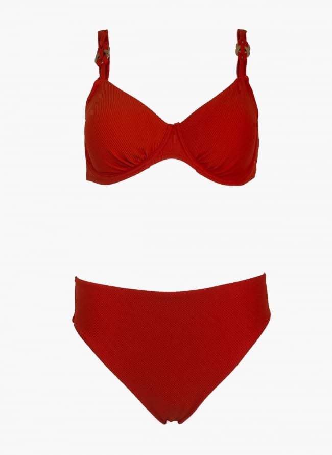 Bikini set ριμπ με μεταλλικούς κρίκους - Κεραμιδί