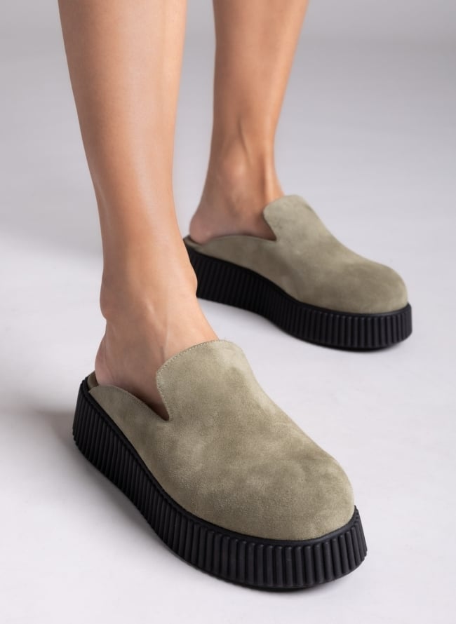 Clogs καστόρινα flatforms Iris  - Λαδί 