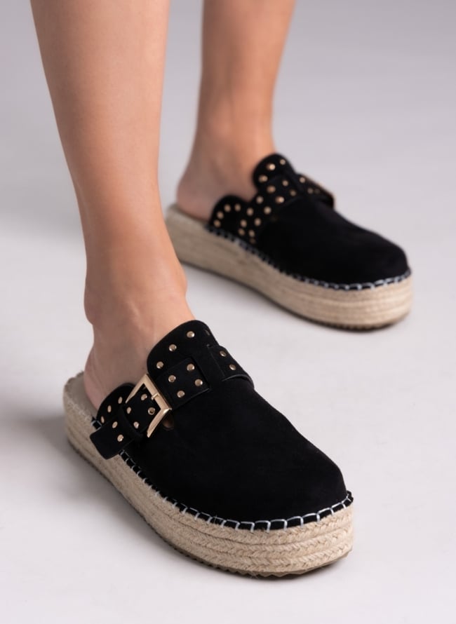 Clogs suede με σχοινί στη σόλα - Μαύρο