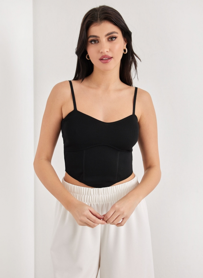 Crop top αμάνικο με οβάλ τελείωμα - Μαύρο