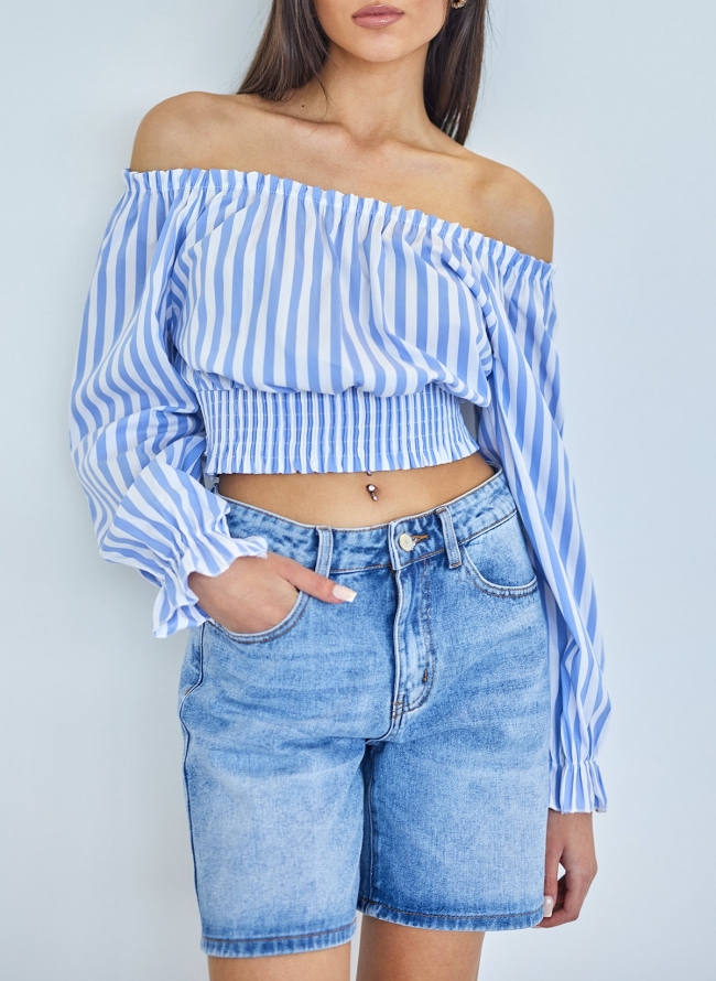 Crop top μακρυμάνικο με ρίγες - Γαλάζιο
