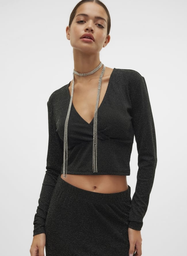 Crop top με glitter στην ύφανση Vero Moda 10316740 - Μαύρο/Ασημί