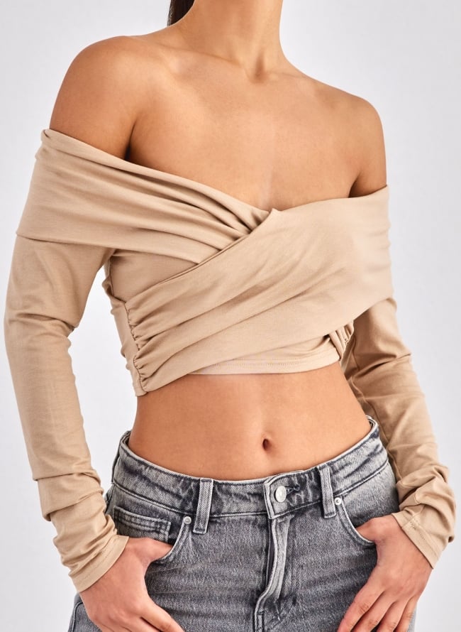 Crop top με κρουαζέ σχέδιο Different Shop 01-224 - Μπεζ