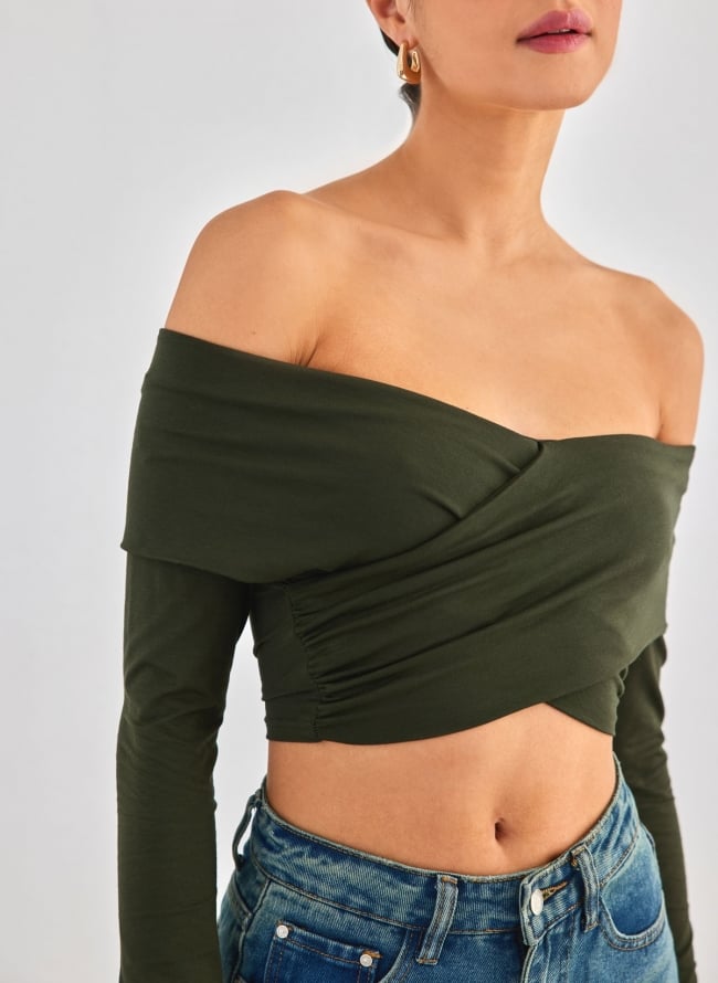 Crop top με κρουαζέ σχέδιο Different Shop 01-224 - Χακί