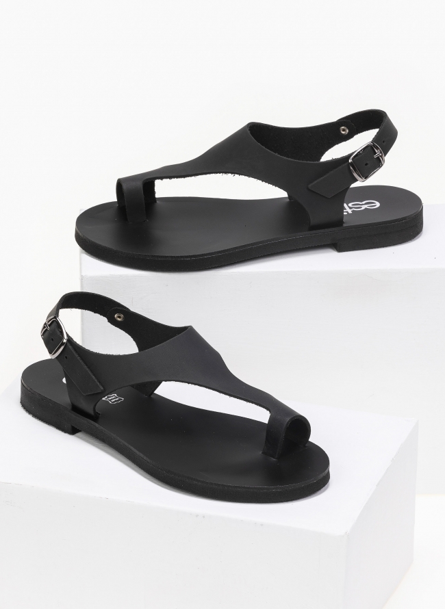 Σανδάλια δερμάτινα ankle strap estil - Μαύρο