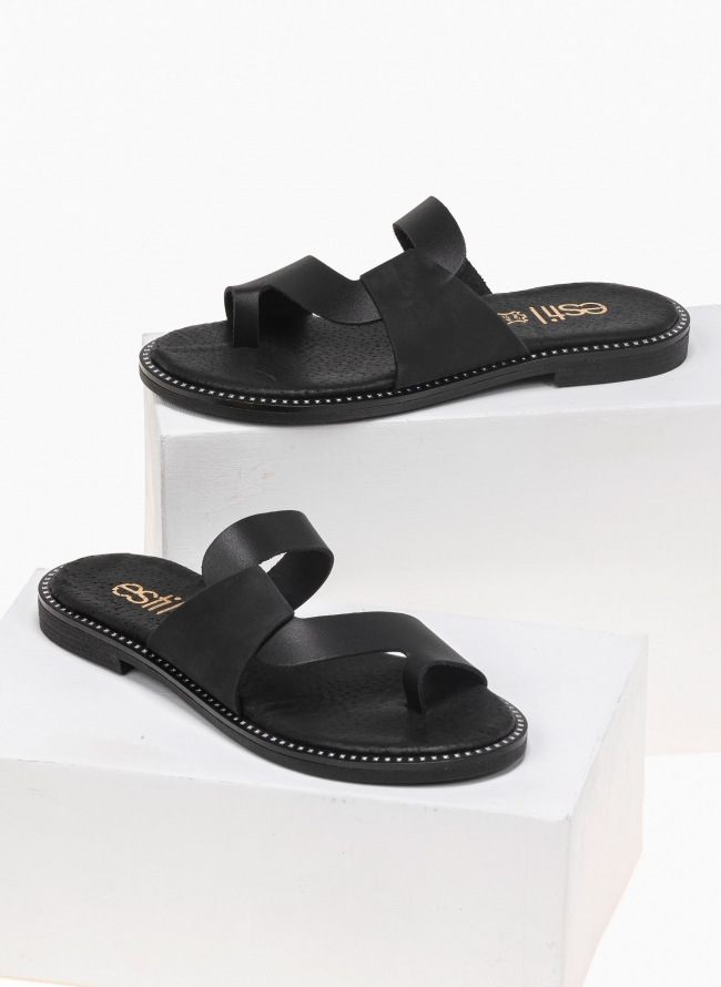 Δερμάτινα σανδάλια με nubuck λεπτομέρεια estil - Μαύρο