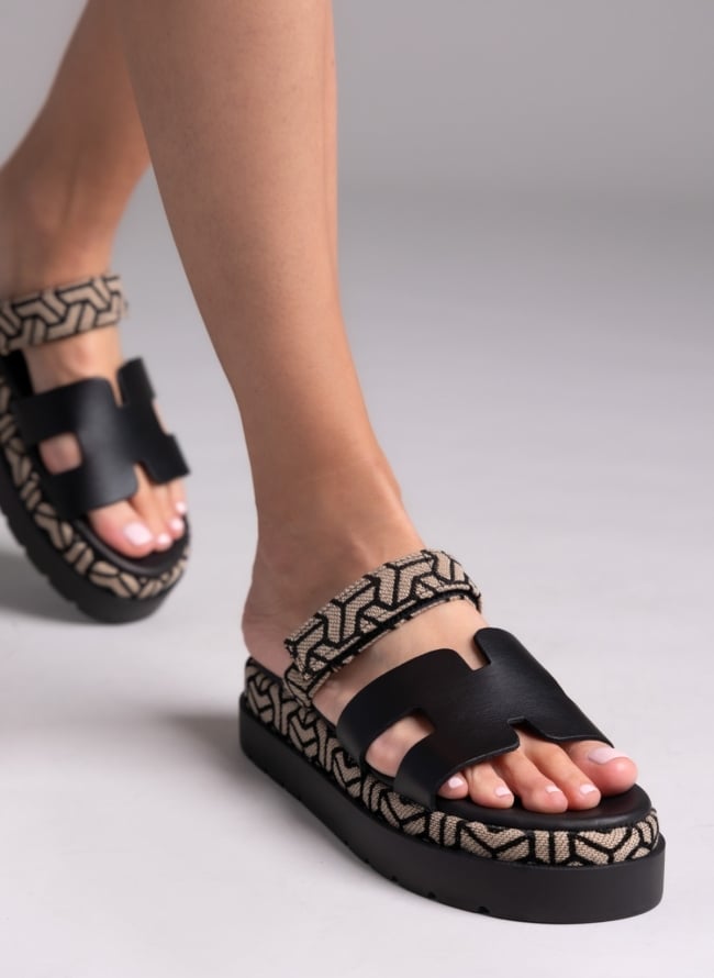 Flatforms σανδάλια δερμάτινα με print Mariella Fabiani 2524/91 - Μαύρο