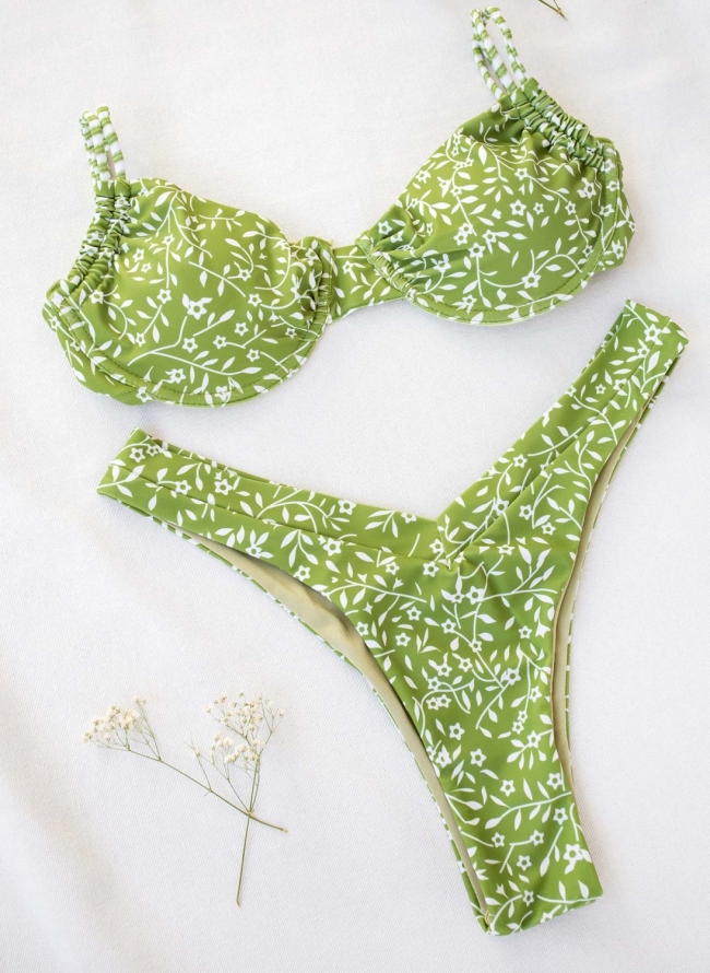 Floral σετ bikini με V cut slip - Πράσινο