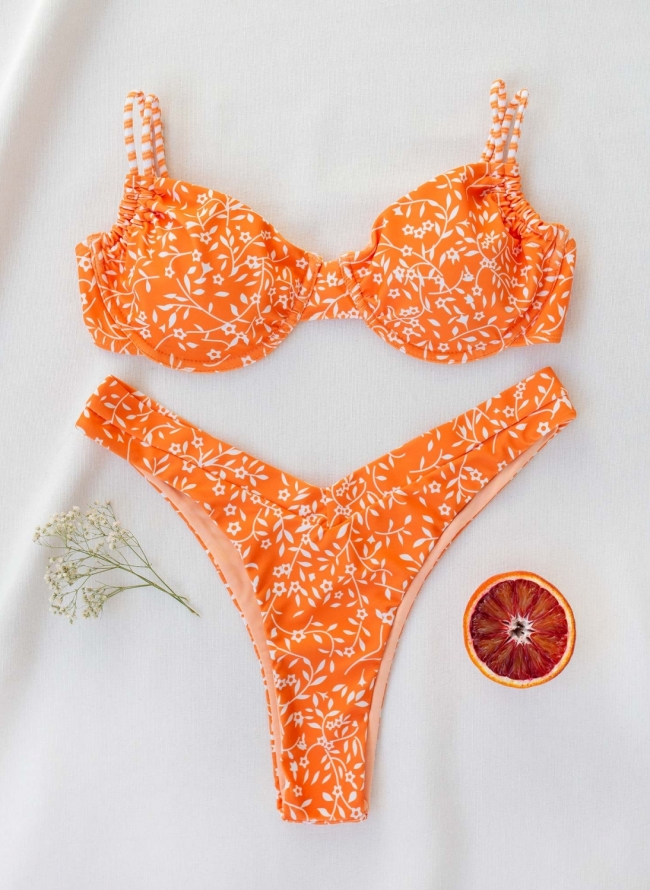 Floral σετ bikini με V cut slip - Πορτοκαλί
