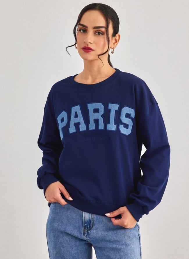 Φούτερ με ντενιμ στάμπα PARIS - Μπλε σκούρο