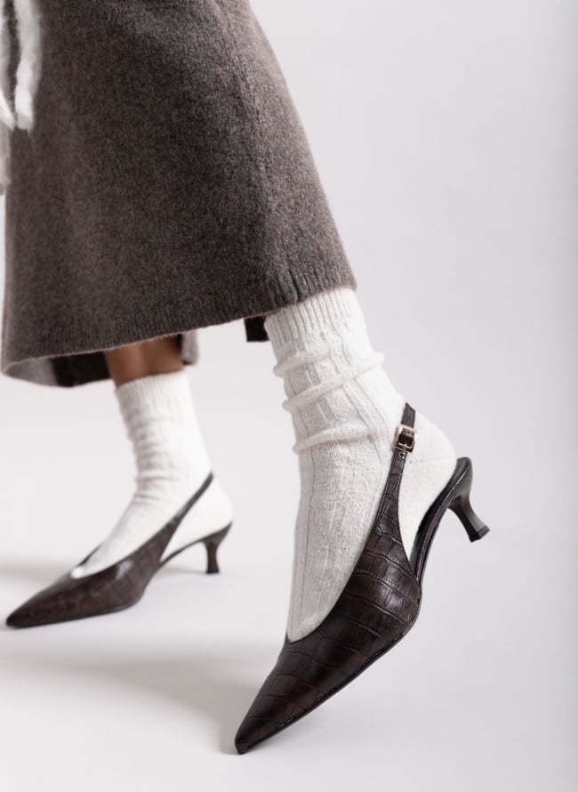 Γόβες κροκό μυτερές slingback  TFP - Καφέ