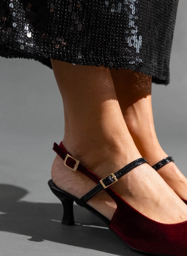 Γόβες μυτερές slingback από ύφασμα velvet TFP - Burgundy