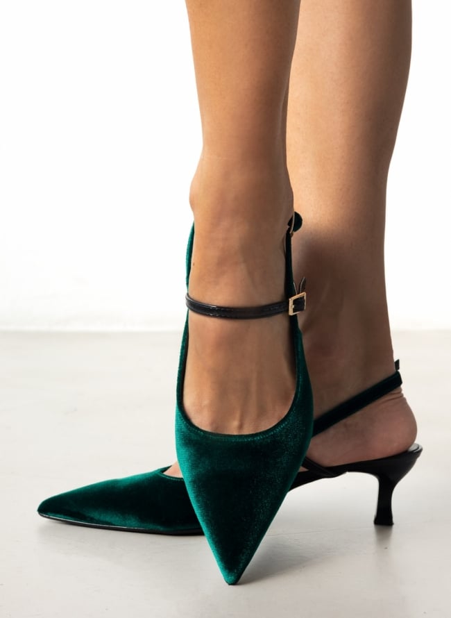 Γόβες μυτερές slingback από ύφασμα velvet TFP - Κυπαρισσί