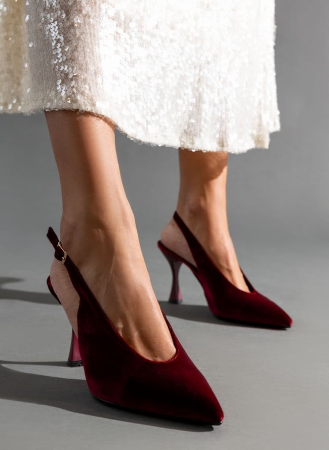 Γόβες μυτερές slingback από velvet ύφασμα TFP - Burgundy