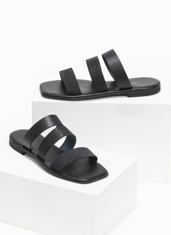  Σανδάλια δερμάτινα με φάσα κροκό Iris Sandals - Μαύρο