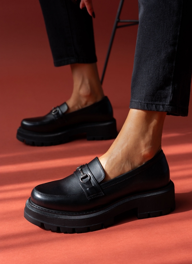 Loafers chunky δερμάτινα - Μαύρο